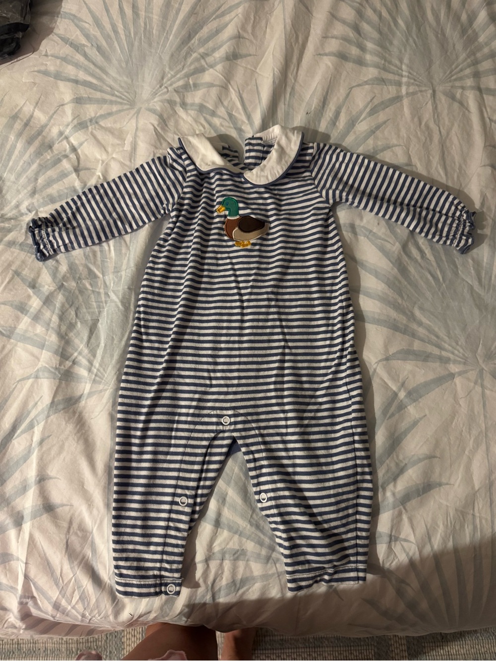 Striped Navy & White Baby One-Piece with Duck Applique
